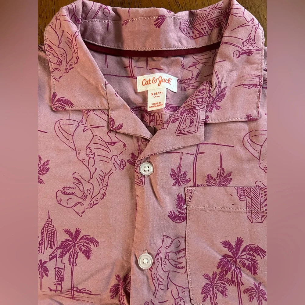 Dino Skateboard Button-Up Shirt | Boy Size 6/7 | Mauve | Vacation Collared Shirt - Picture 4 of 5